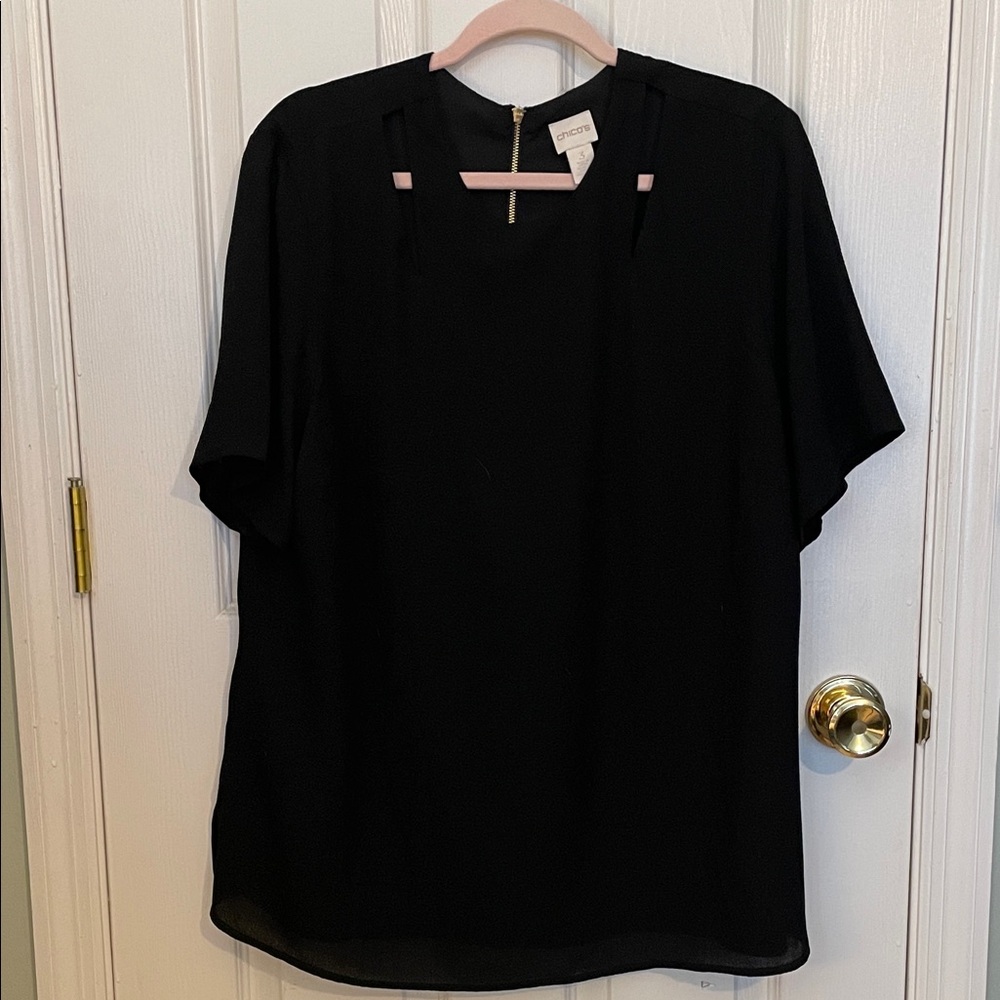 Chico's Black Short-Sleeve Keyhole Blouse - Size 3 (XL)